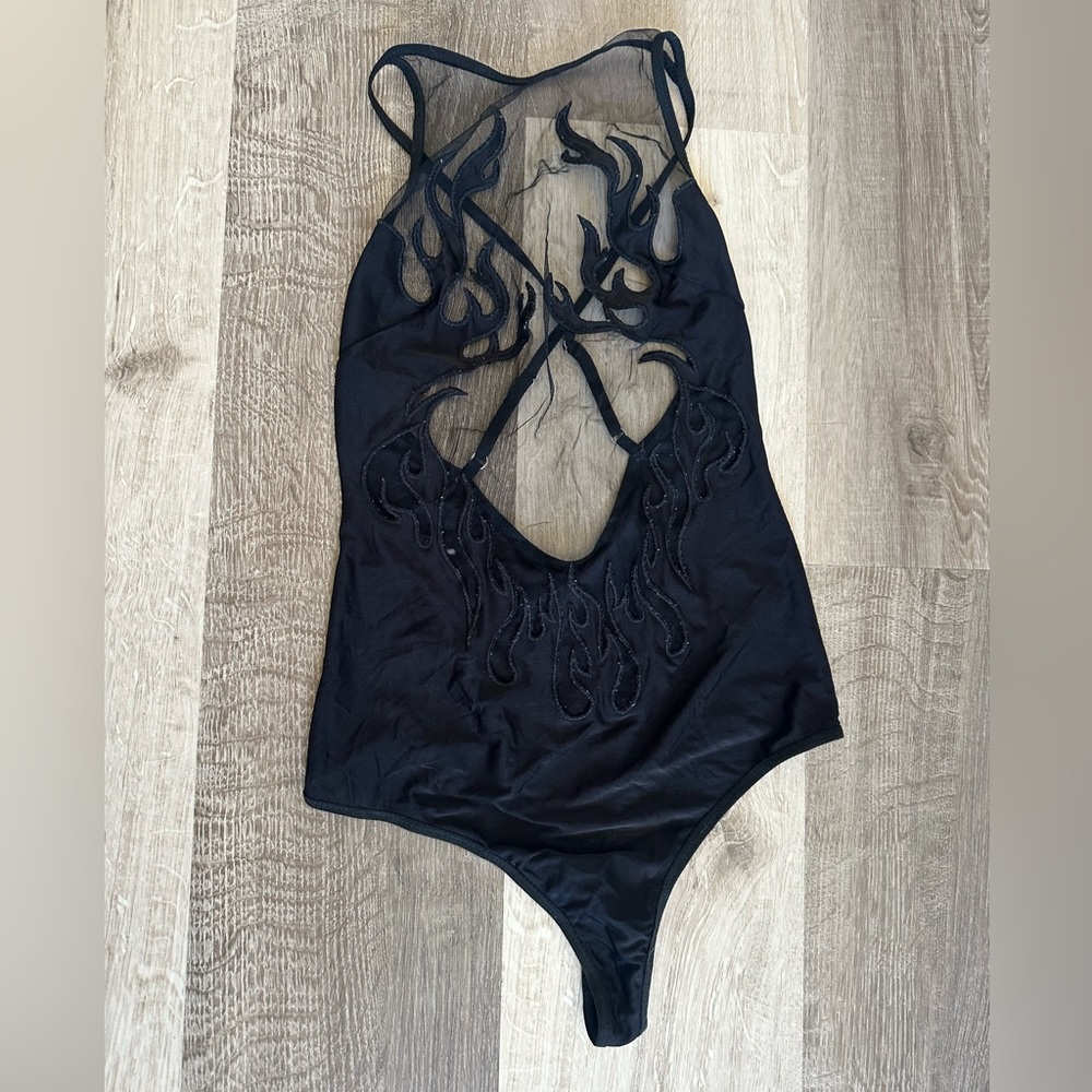 Flames Cut Out Mesh Body Suit